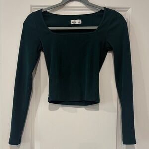 Hollister Dark Teal Ribbed Square Neck Long Sleeve Crop Top